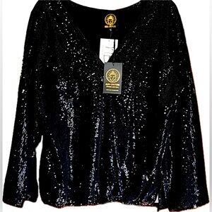 NWT AUM Couture Cocktail Blouson Sequin Elastic Waist Top Blouse Black L HTF